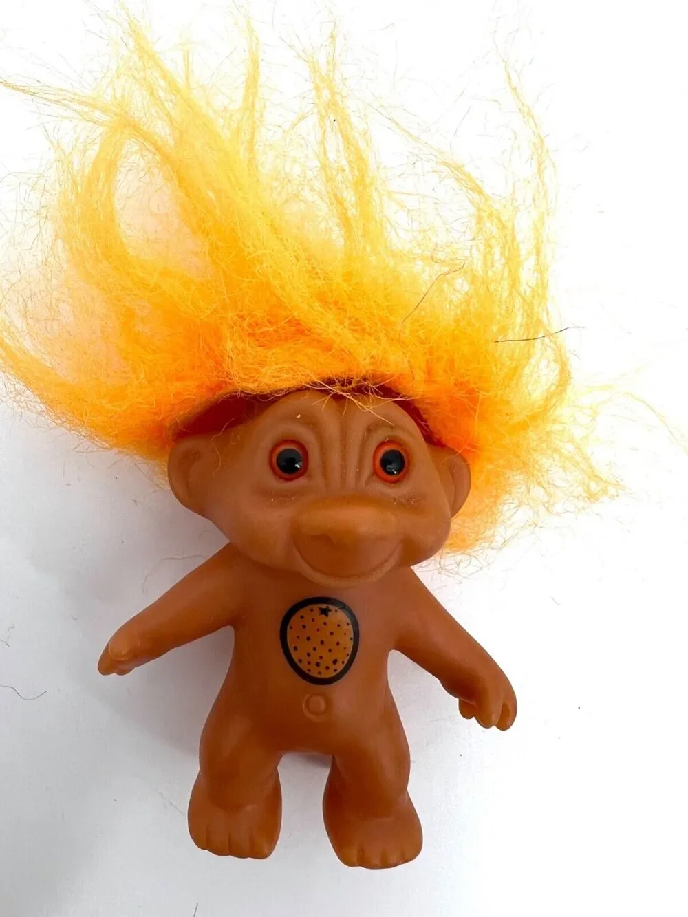 Vintage Lucky Troll Doll Yellow Hair Gold Eyes Orange Print on Belly